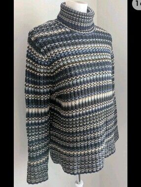 GAP 90s Y2K Striped Turtleneck Sweater 100% Lambswool Blue Gray Cream